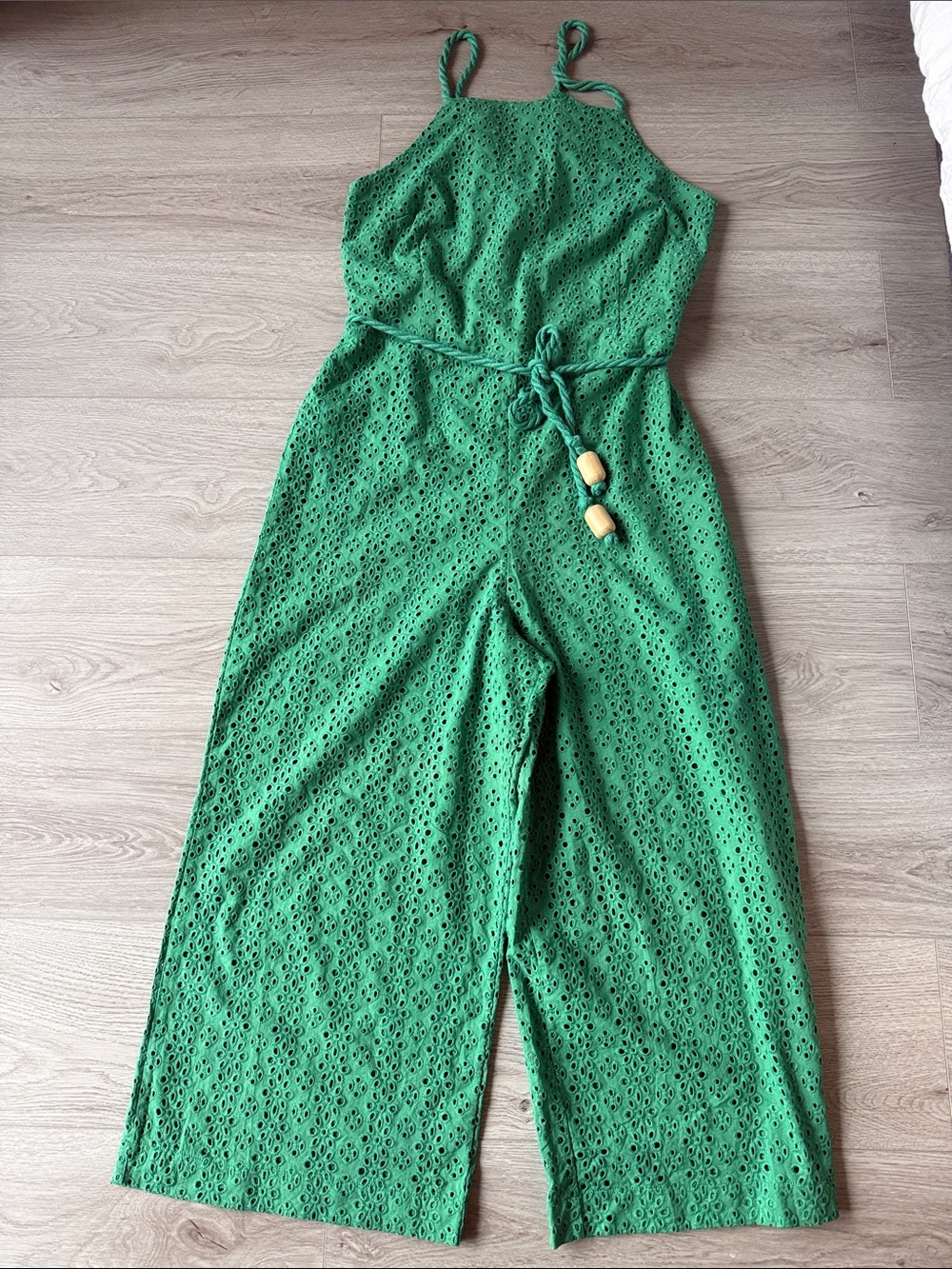 Green embroidered eyelet Wide-Leg Jumpsuit - Women's